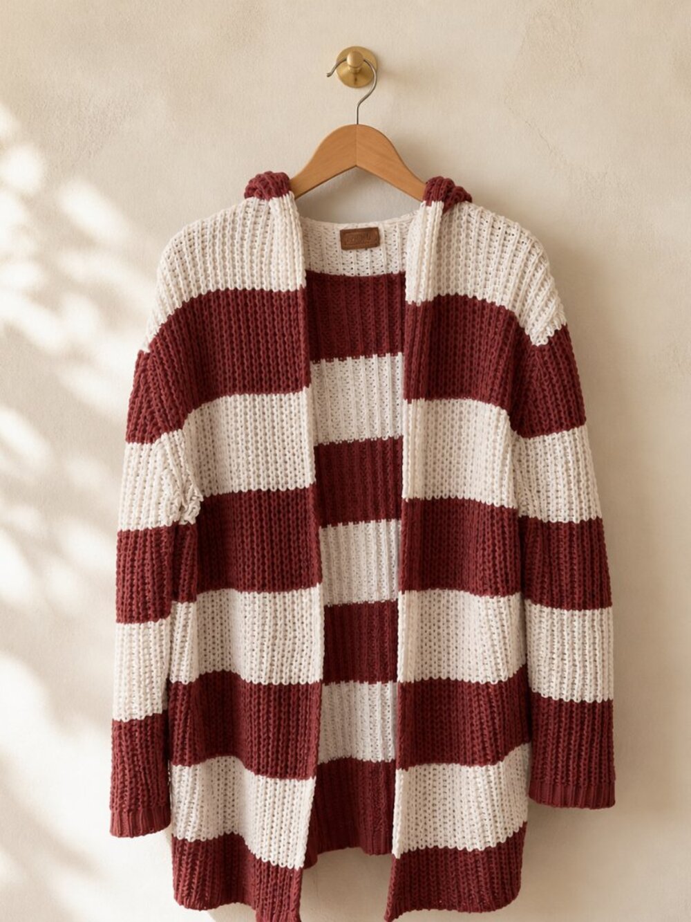 POL JST652 Oversized Striped Chenille Hooded Cardigan Rust Cream